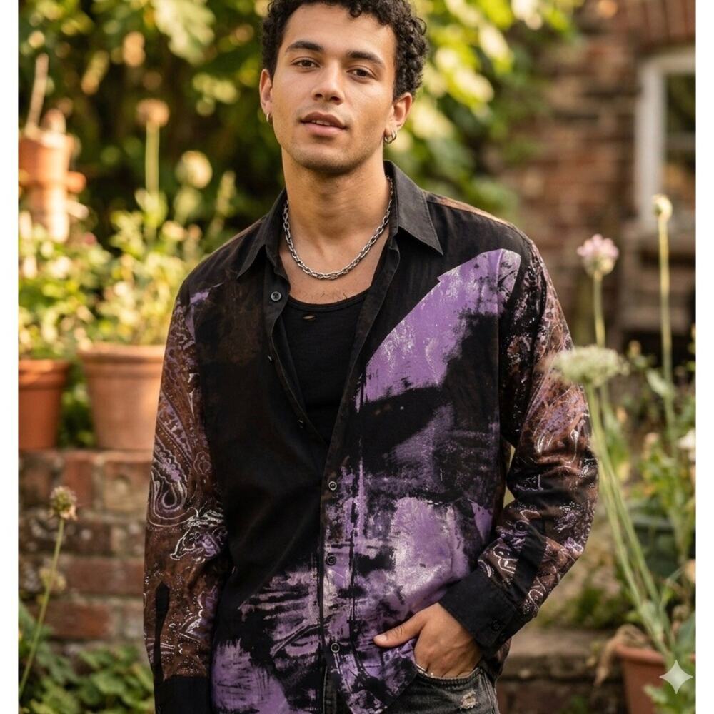 Carlo Panunzi XL Abstract Paisley Button Up Shirt Purple Black Stretch Goth Art